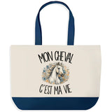 Grand Sac Cabas Fond Bleu Mon cheval c'est ma vie