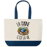 Grand Sac Cabas Fond Bleu La cuisine c'est la vie