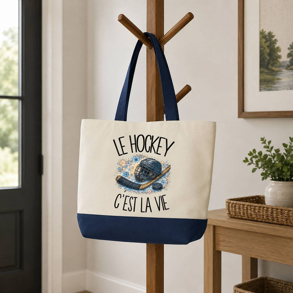 Grand Sac Cabas Fond Bleu Le hockey c'est la vie