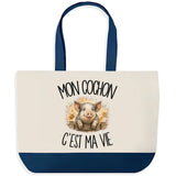 Grand Sac Cabas Fond Bleu Mon cochon c'est ma vie