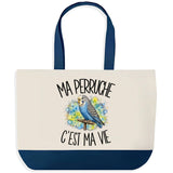 Grand Sac Cabas Fond Bleu Ma perruche c'est ma vie