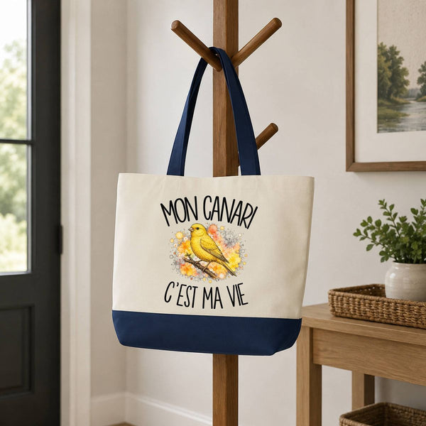 Grand Sac Cabas Fond Bleu Mon canari c'est ma vie
