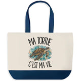 Grand Sac Cabas Fond Bleu Ma tortue c'est ma vie