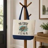 Grand Sac Cabas Fond Bleu Ma tortue c'est ma vie