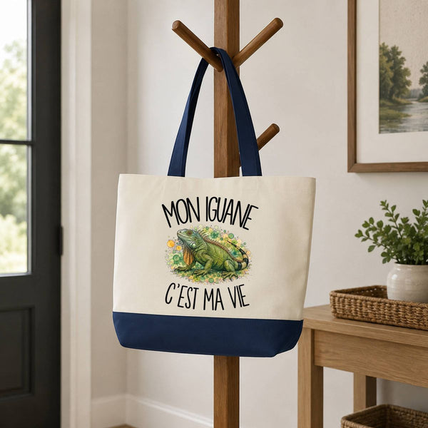 Grand Sac Cabas Fond Bleu Mon iguane c'est ma vie