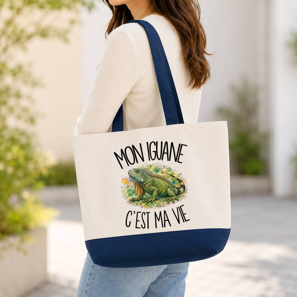 Grand Sac Cabas Fond Bleu Mon iguane c'est ma vie