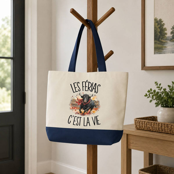 Grand Sac Cabas Fond Bleu Les férias c'est la vie