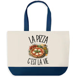 Grand Sac Cabas Fond Bleu La pizza c'est la vie