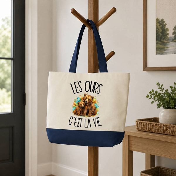 Grand Sac Cabas Fond Bleu Les ours c'est la vie