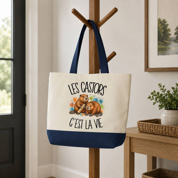 Grand Sac Cabas Fond Bleu Les castors c'est la vie
