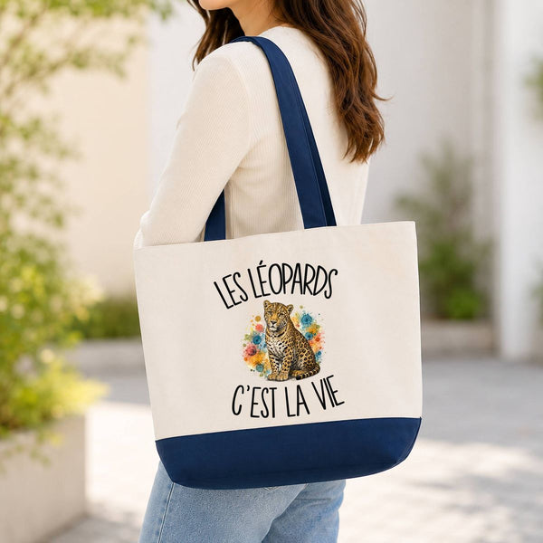 Grand Sac Cabas Fond Bleu Les léopards c'est la vie