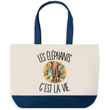 Grand Sac Cabas Fond Bleu Les éléphants c'est la vie