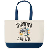 Grand Sac Cabas Fond Bleu Les dauphins c'est la vie