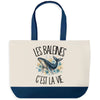 Grand Sac Cabas Fond Bleu Les baleines c'est la vie