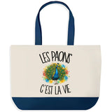 Grand Sac Cabas Fond Bleu Les paons c'est la vie