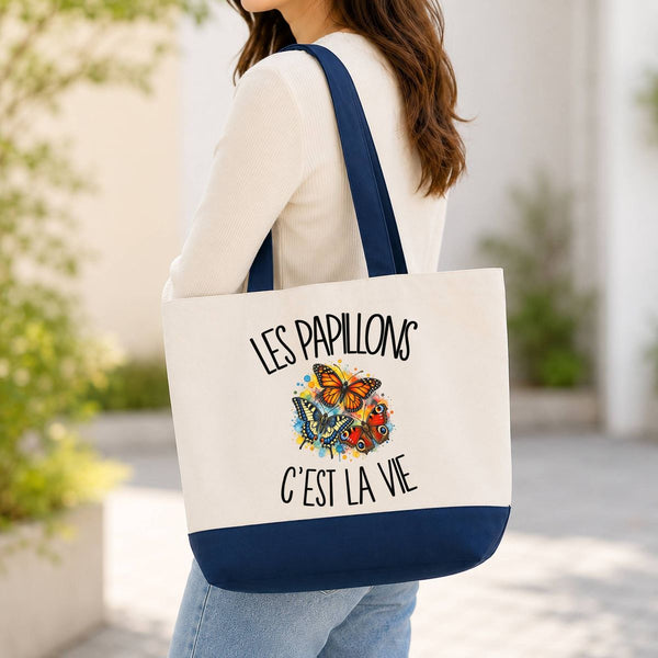 Grand Sac Cabas Fond Bleu Les papillons c'est la vie