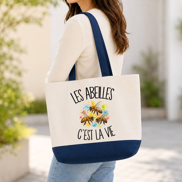 Grand Sac Cabas Fond Bleu Les abeilles c'est la vie