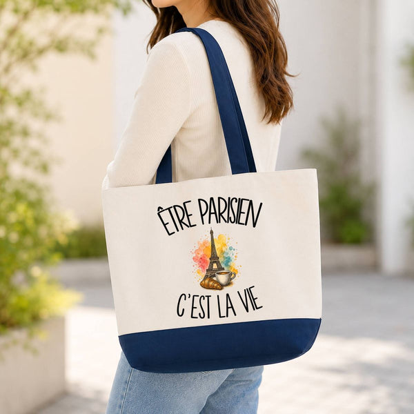 Grand Sac Cabas Fond Bleu Être parisien c'est la vie