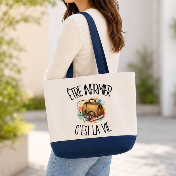Grand Sac Cabas Fond Bleu Être infirmier c'est la vie