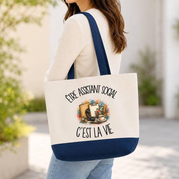 Grand Sac Cabas Fond Bleu Être assistant social c'est la vie