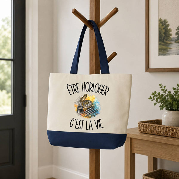 Grand Sac Cabas Fond Bleu Être horloger c'est la vie