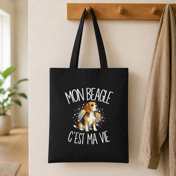 Tote Bag Noir Mon Beagle c'est ma vie