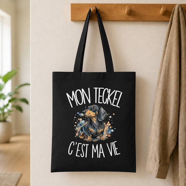 Tote Bag Noir Mon Teckel c'est ma vie