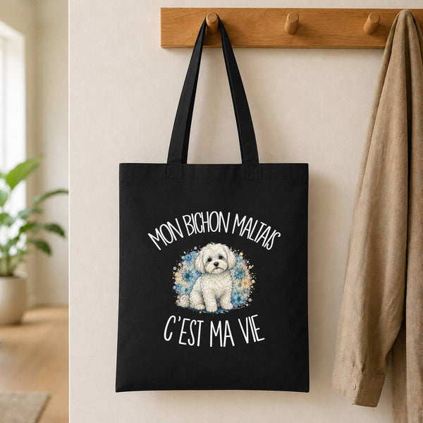 Tote Bag Noir Mon Bichon Maltais c'est ma vie