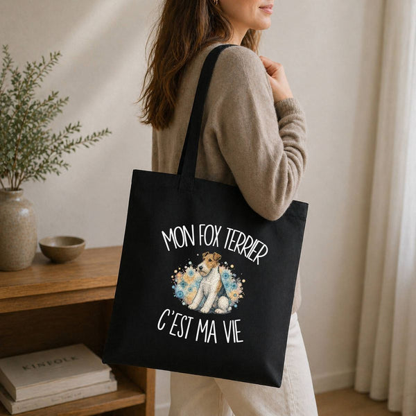 Tote Bag Noir Mon Fox Terrier c'est ma vie