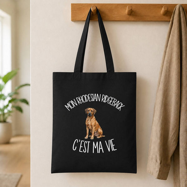Tote Bag Noir Mon Rhodesian Ridgeback c'est ma vie