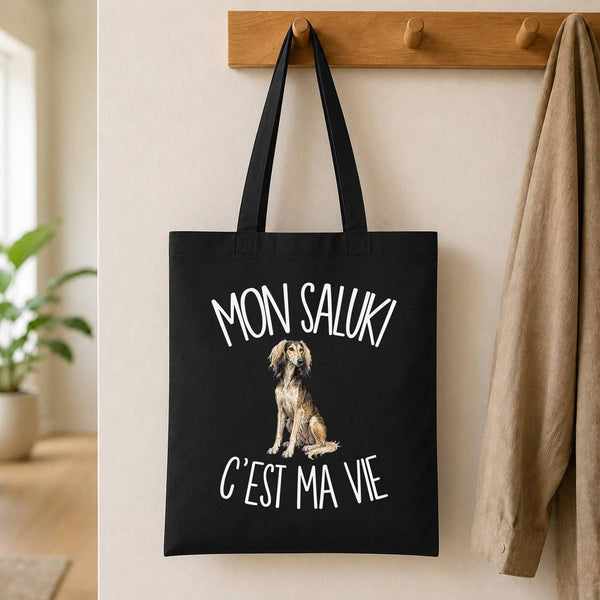 Tote Bag Noir Mon Saluki c'est ma vie
