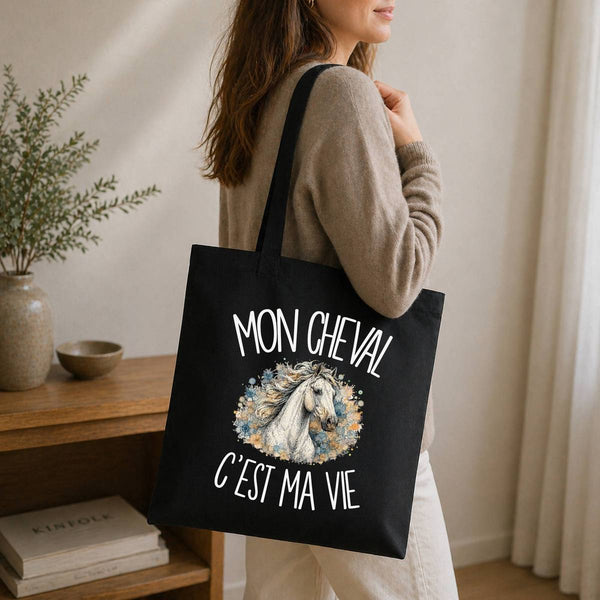 Tote Bag Noir Mon cheval c'est ma vie