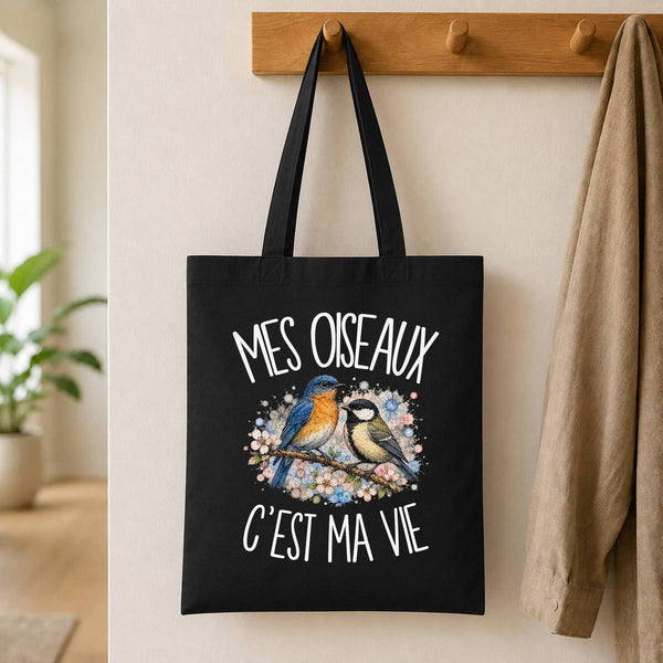 Tote Bag Noir Mes oiseaux c'est ma vie