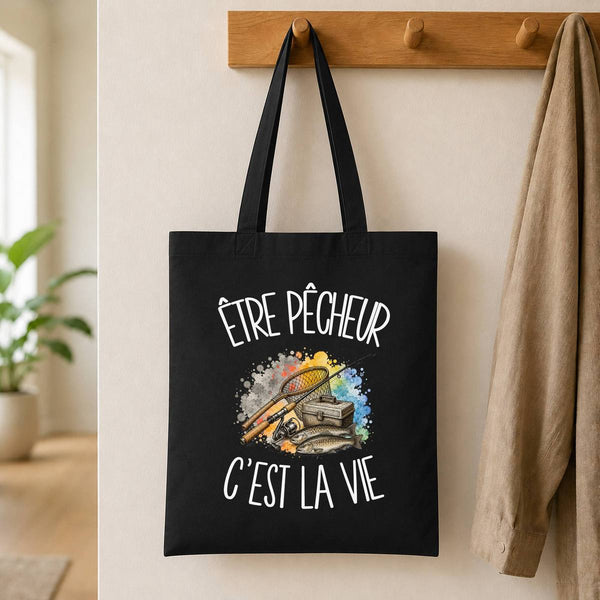 Tote Bag Noir Être pêcheur c'est la vie