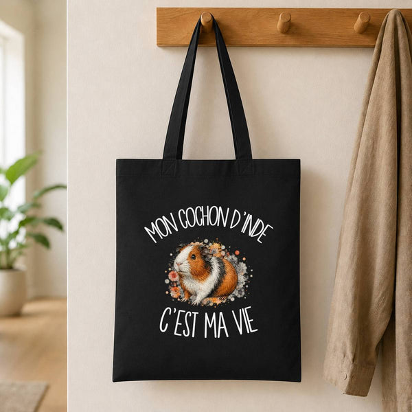 Tote Bag Noir Mon cochon d'Inde c'est ma vie