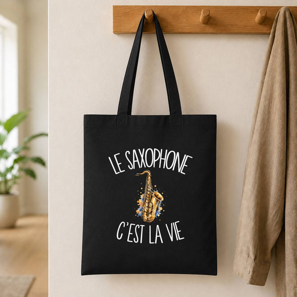 Tote Bag Noir Le saxophone c'est la vie