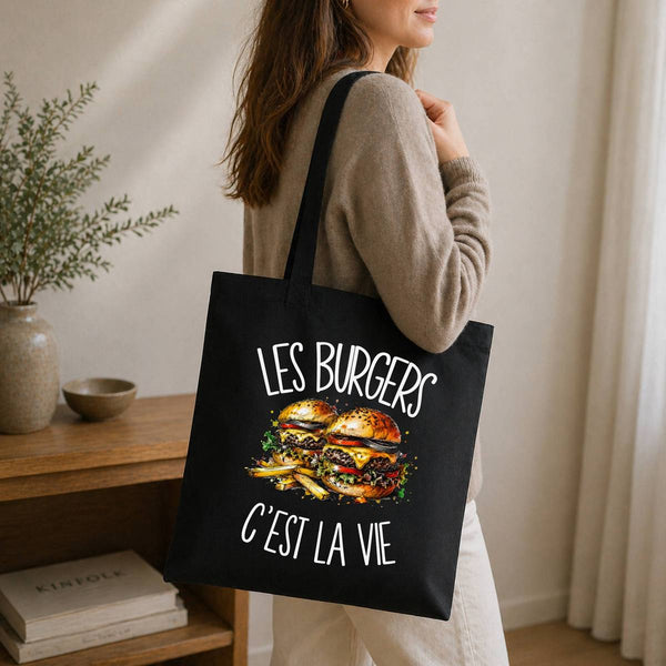 Tote Bag Noir Les burgers c'est la vie