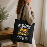 Tote Bag Noir Les burgers c'est la vie