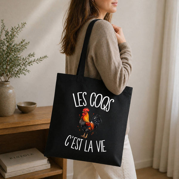 Tote Bag Noir Les coqs c'est la vie