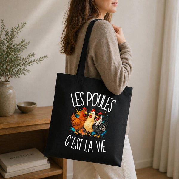 Tote Bag Noir Les poules c'est la vie