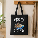 Tote Bag Noir Marseille c'est la vie