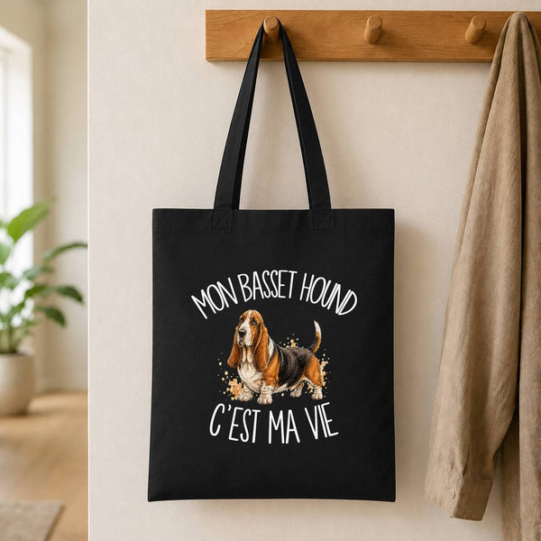 Tote Bag Noir Mon Basset Hound c'est ma vie