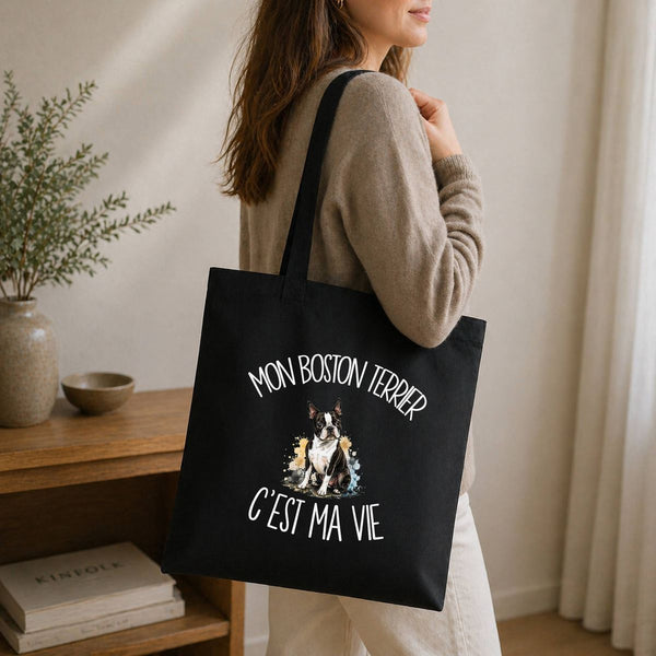 Tote Bag Noir Mon Boston Terrier c'est ma vie