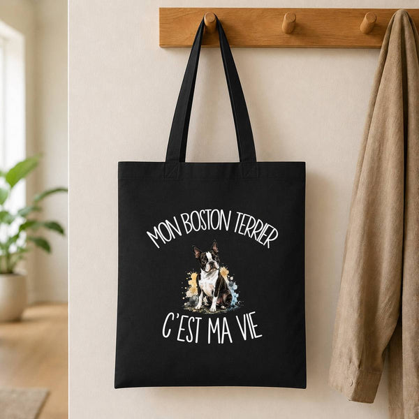 Tote Bag Noir Mon Boston Terrier c'est ma vie