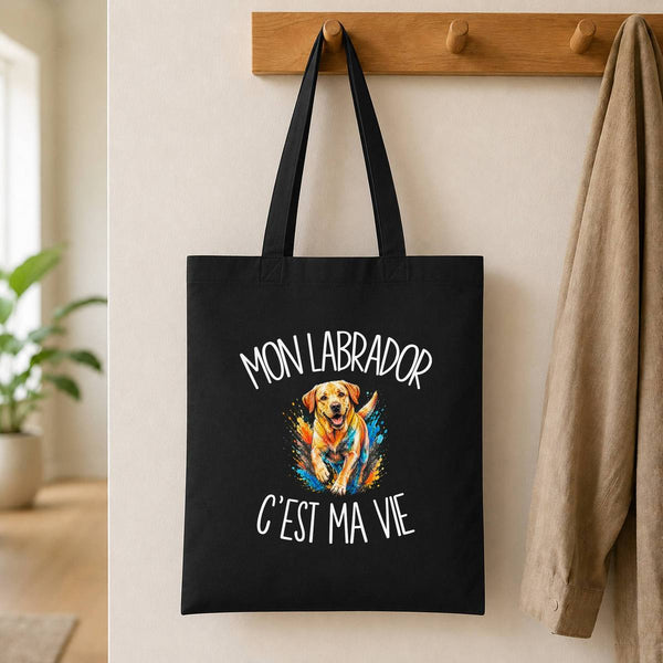 Tote Bag Noir Mon Labrador c'est ma vie