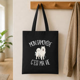 Tote Bag Noir Mon Samoyède c'est ma vie