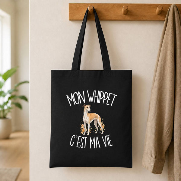 Tote Bag Noir Mon Whippet c'est ma vie