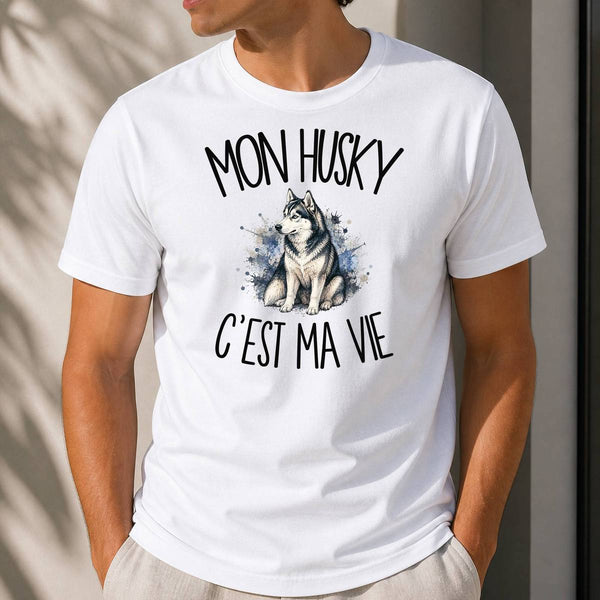 T-shirt Homme Blanc Mon Husky c'est ma vie