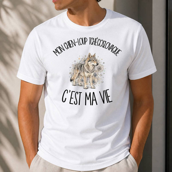 T-shirt Homme Blanc Mon Chien-Loup Tchécoslovaque c'est ma vie