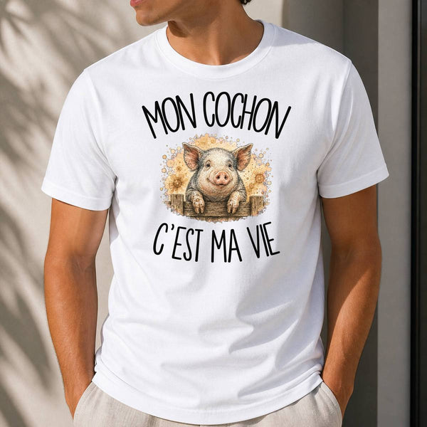 T-shirt Homme Blanc Mon cochon c'est ma vie